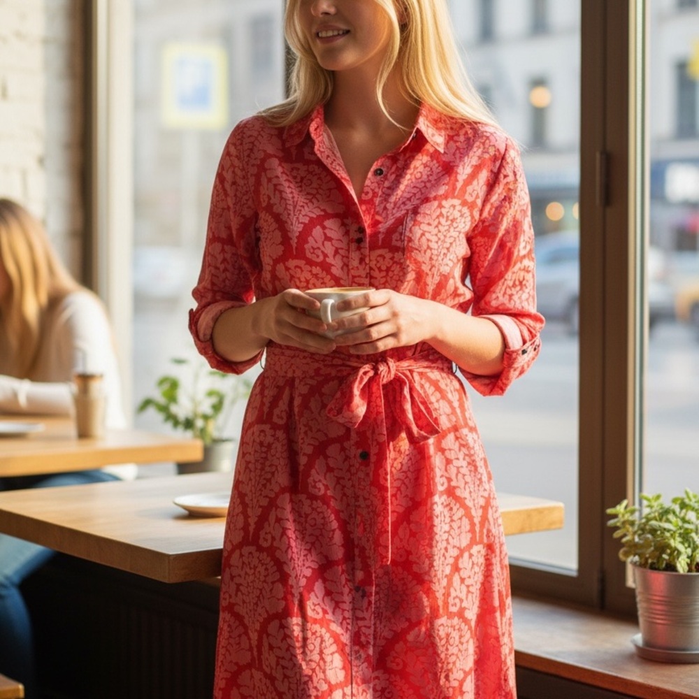 Boden Red Printed Midi Shirt Dress